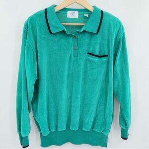 Vintage 80's Active Elements Sweater Velour Polo Shoulder Pads Green Size Med